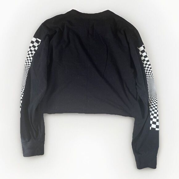 Original Use Women XS Boxy Cropped Long Sleeve T-Shirt Black Geometric Checkered - Picture 6 of 7